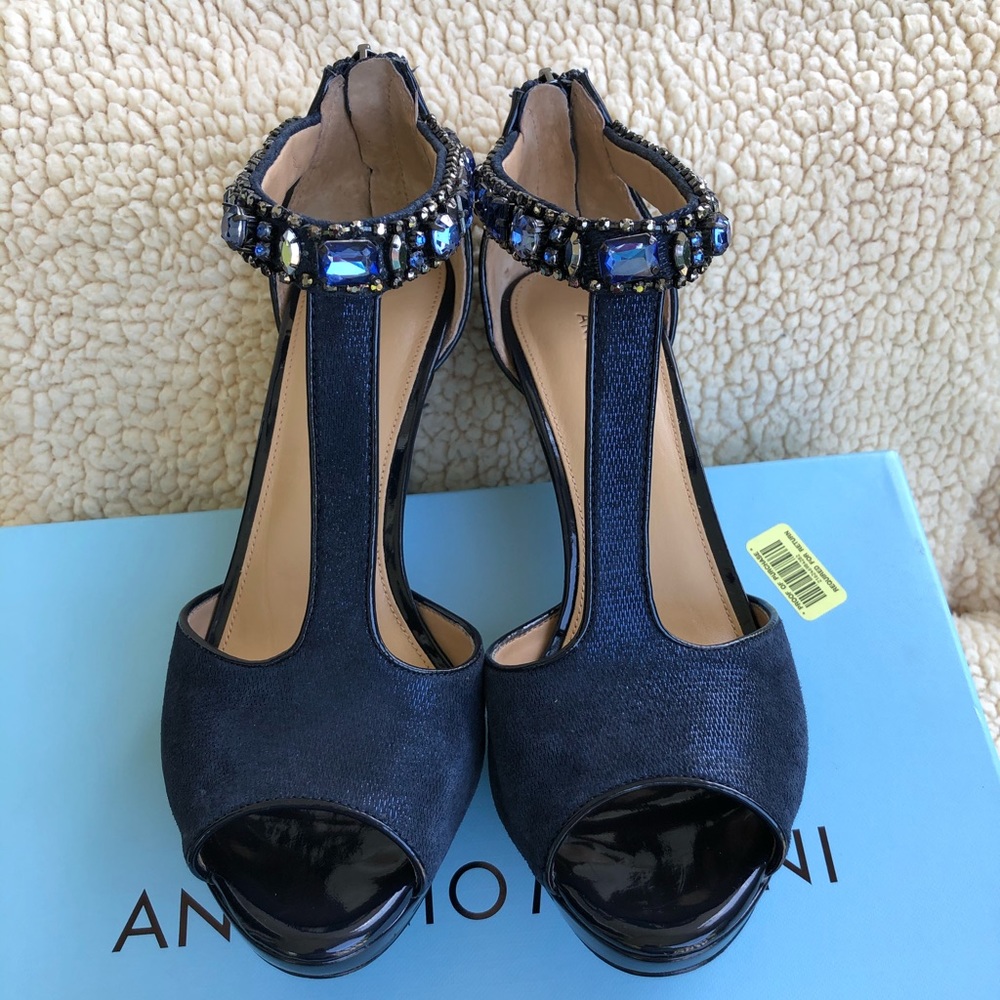 navy blue heels with rhinestone ankle strap